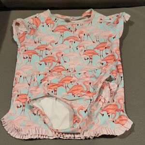 Ruffle Butts Pink and Aqua Flamingo Kids Swim Rashguard